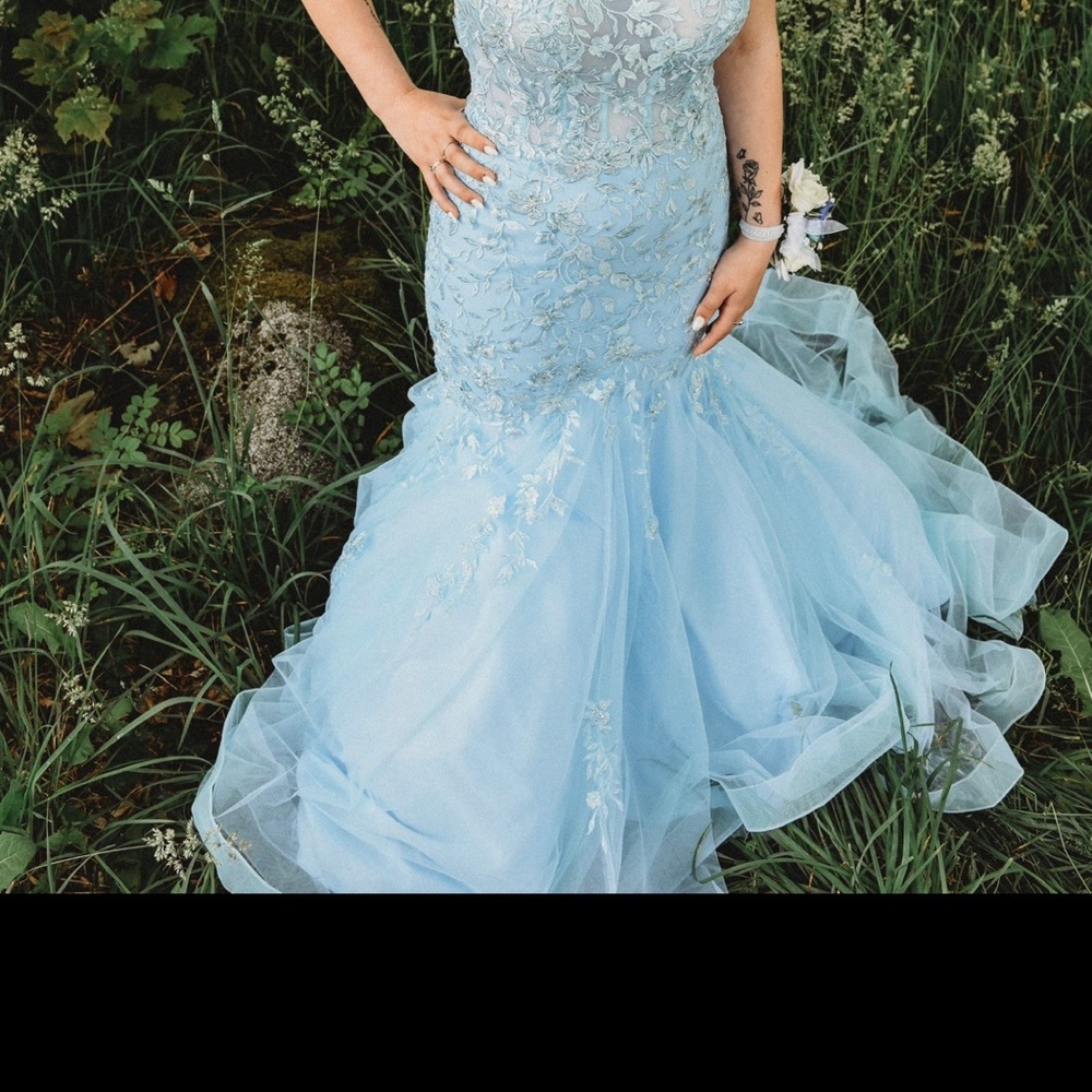 Karma Light Blue Lace Prom Dress